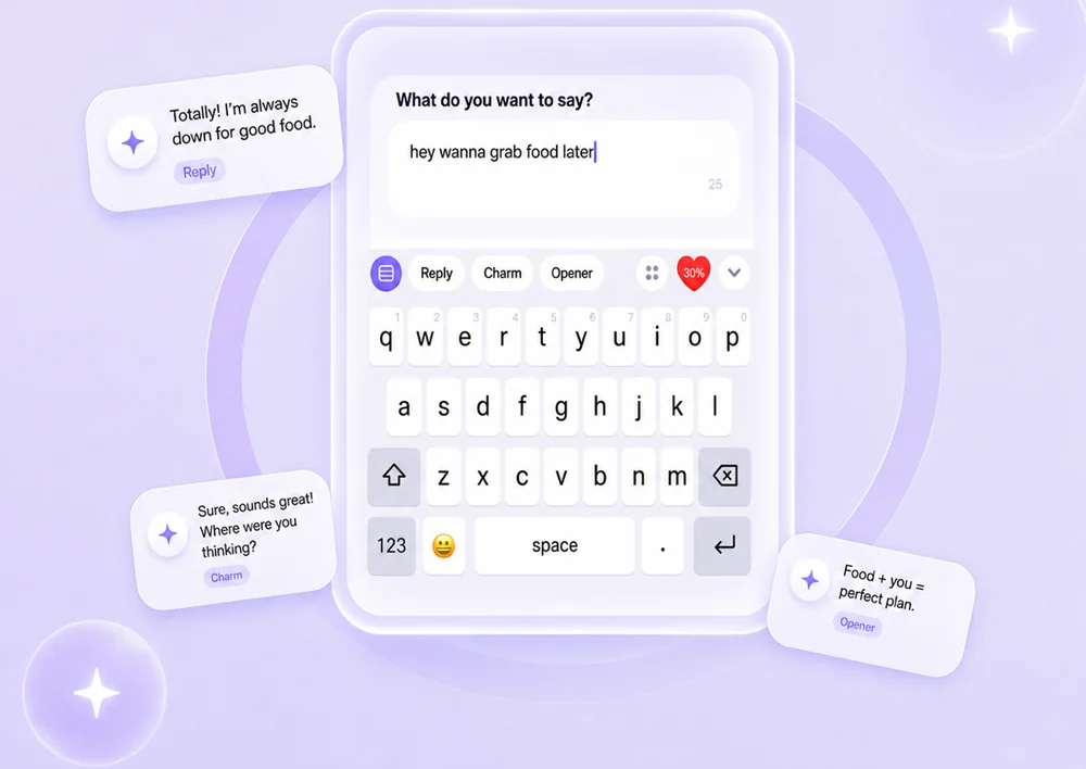 The EQkey keyboard open in a chat, showing Reply, Charm and Opener tabs above the keys